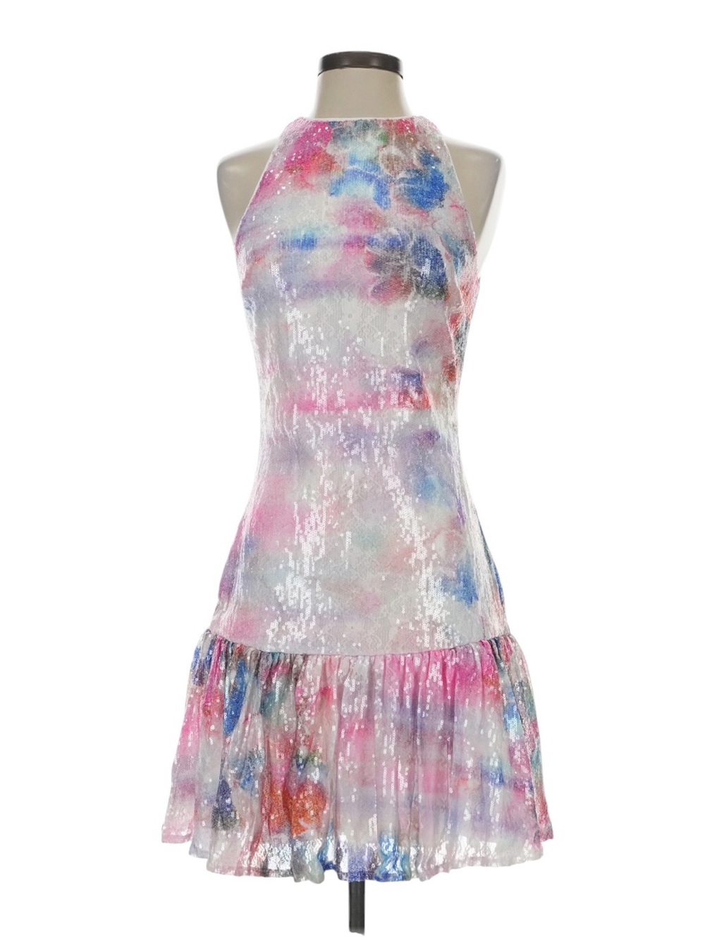 New ONE33 Social Floral-Print Sequin Back Cut-Out Drop Waist Mini Dress Size 2